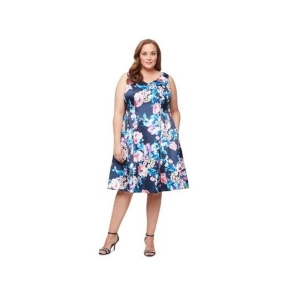 The Alex Evenings Plus Size 20W Printed Stretch Faille A-Line Dress Blue Floral